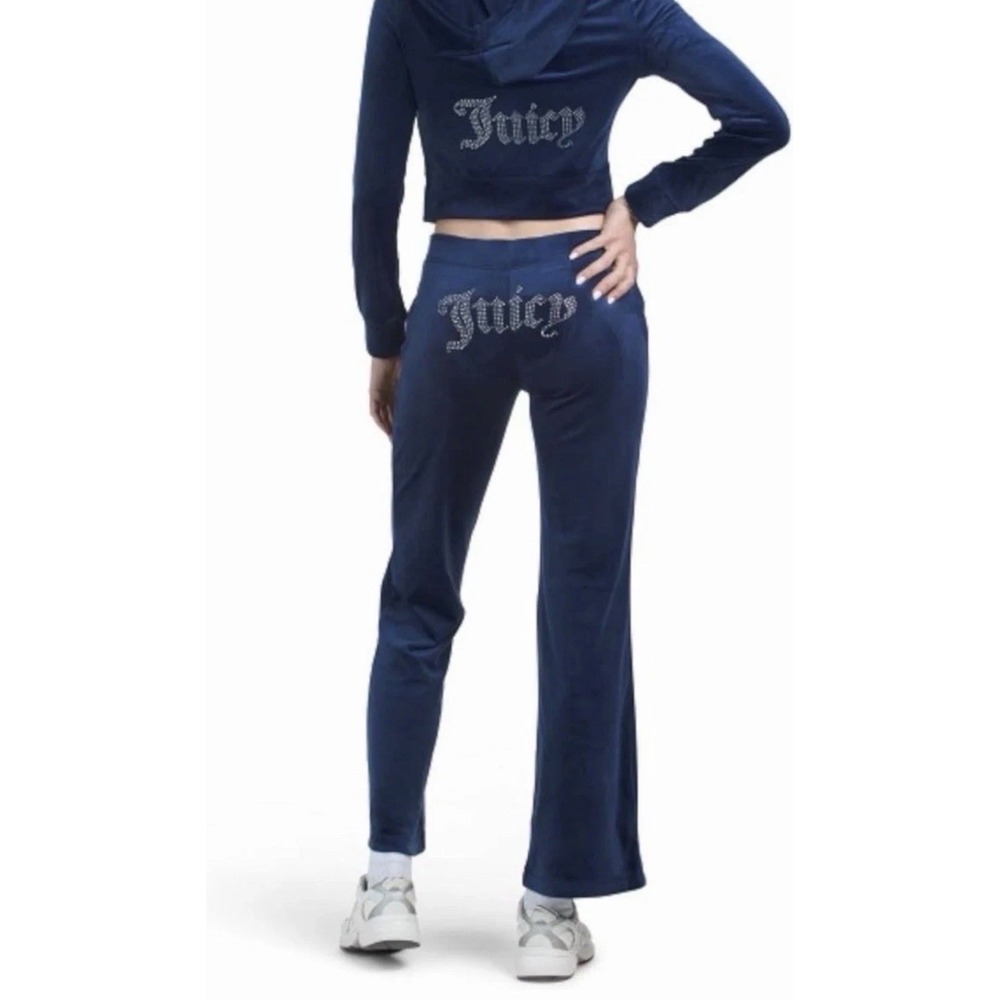 Juicy Couture Navy Blue Velour Tracksuit Rhinestone Y2K Pants Set Small